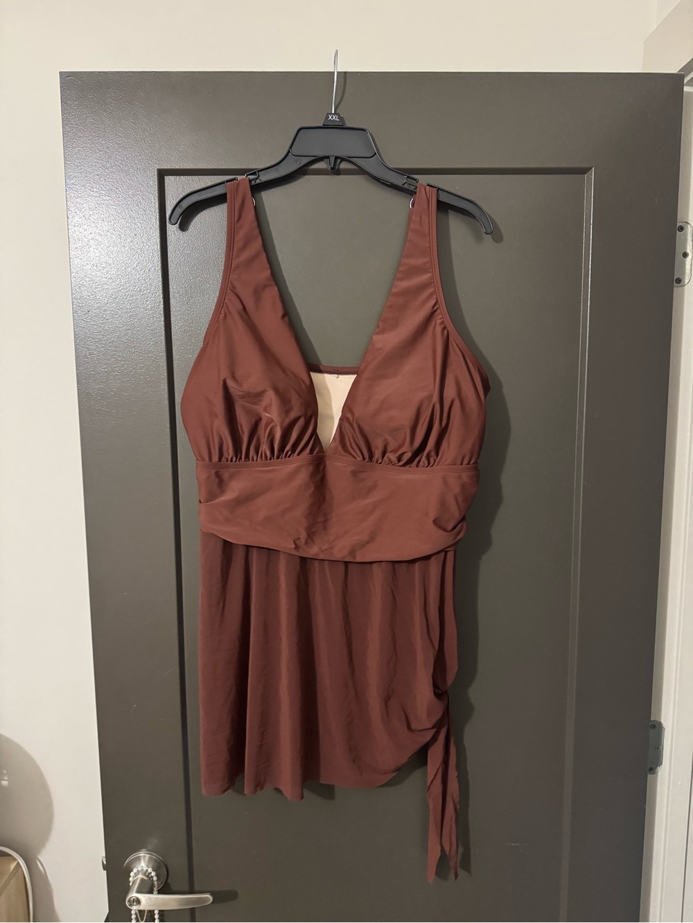 Plus size Brown V-Neck Swim Tankini with matching bottoms